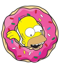 the simpsons donut has sprinkles on it and is wearing a pink frosted doughnut