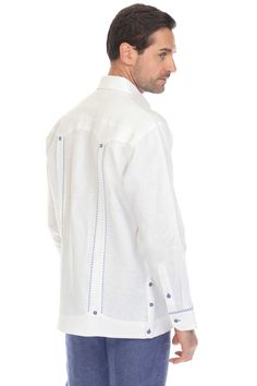 Mojito Men's 100% Linen Guayabera Shirt Long Sleeve with Print Stripe Trim Accent M-5411 – Mojito Collection Havana Nights Dress, Guayabera Shirt, White Party, Shirt Long Sleeve, Linen Clothes, Mojito, Night Dress, Blazer Suit, Party Outfit