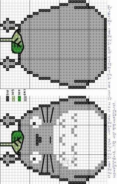 two cross stitch patterns with green trees on the top and bottom, one in grey