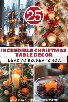 christmas table decorations with candles, pine cones and evergreens on the top are featured in this