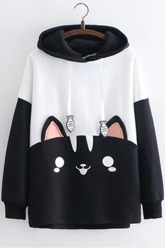 Kawaii Hoodie With Cartoon Print For Fall, Kawaii Winter Hooded Tops, Kawaii Cotton Hoodie With Cartoon Print, Cotton Kawaii Hoodie With Cartoon Print, Kawaii Long Sleeve Hoodie With Cartoon Print, Cute Hooded Cotton Sweater, Harajuku Style Hooded Top With Cartoon Print, Cute Black Long Sleeve Hoodie, Cute Long Sleeve Hoodie With Cartoon Print