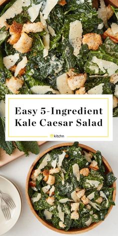 easy 5 ingredient kale caesar salad with parmesan cheese and croutons