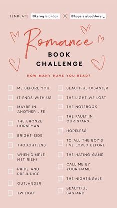 a list with the words'romance book challenge'written in red and black on it