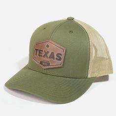 Our Texas Established Hat features a vintage style name stamped into the nostalgic hexagon shaped full grain Horween leather patch. It also highlights the year the great state of Texas was established, making it a new favorite hat for all you die hard Texans. Vintage Outdoor Hat With Leather Patch, Vintage Cap With Leather Patch, Trucker Baseball Cap With Curved Brim And Leather Patch, Trucker Baseball Cap With Leather Patch And Curved Brim, Trucker Style Six-panel Baseball Cap With Leather Patch, Trucker Hat With Leather Patch, Six-panel, Texas Hat, American Flag Hat, Flag Hat