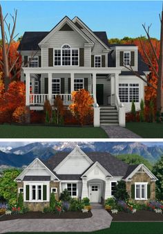 two renderings of the front and back of a house