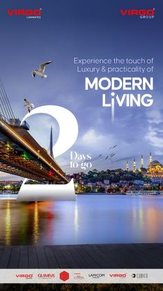 an advertisement for the modern living exhibition, featuring birds flying over a bridge and cityscape