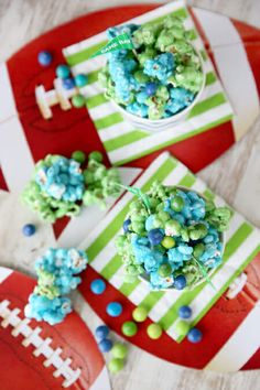 two pictures of blue and green candies in a paper cup on a red plate