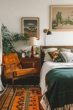 a bed sitting in a bedroom next to a wooden dresser and table with a lamp on top of it