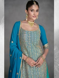 Turquoise Colour Sharara Suit - Shop Partywear Sharara Online Blue Sharara Suit, Blue Sharara, Georgette Suits, Plazzo Suit, Plazzo Suits, Turquoise Colour, Sharara Suits, Sharara Suit