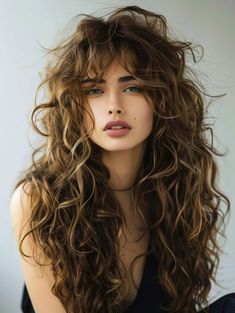 Long Voluminous Wavy Hair, Curl Shag Hairstyles, Braided Perm Before And After, Long Hair Natural Curls, Bangs For Curly Hair Natural Curls, Curly Shag With Curtain Bangs, Long Curly Shag With Bangs, Long Hair Haircut Ideas For Round Face, Long Curly Brunette Hair