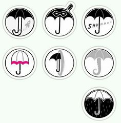 six different stickers with umbrellas on them