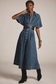 The Tobie Button-Front Pleated Shirt Dress by Exquise: Denim Edition Denim Midi Dress Fall, Free People Denim Dress, Pleated Shirt Dress, Wishlist 2024, Clothing Wishlist, Button Front Shirt Dress, Velvet Mini Skirt, Pleated Shirt, Dress Denim