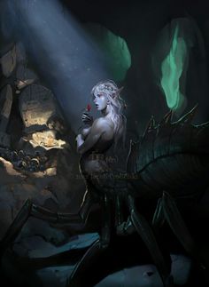 a painting of a woman with white hair sitting on a rock in the middle of a cave