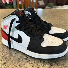 Youth Boys Size 7 Fits A Women’s Size 8 Air Jordan 1 Mid Red, Jordan 1 Mid Red, Air Jordan 1 Mid, Mint Color, Jordan 1 Mid, Kids Nike, Air Jordan 1, White Nikes, Jordan 1