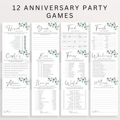 the wedding anniversary party games are lined up with greenery