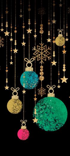 christmas ornaments hanging from chains with snowflakes and stars in the background on a black background