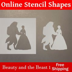 the silhouettes of beauty and the beast are shown in front of an advertisement for online stencil shapes