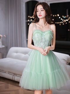 Light Green Prom Dress Short, Homecoming Dresses Green, Green Homecoming Dress, Green Homecoming Dresses, Green Tulle, Lace Homecoming Dresses, Short Prom Dress, Dress A Line, Green Prom Dress