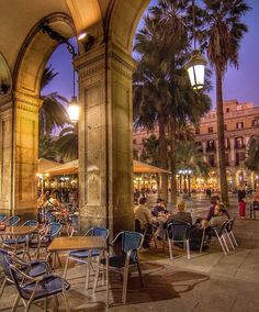 tables and chairs are set up under an archway at the end of a sidewalk with palm trees in the background