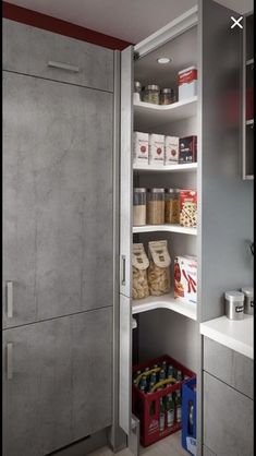 an open pantry door with food in it