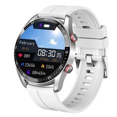 a white smart watch with the time displayed