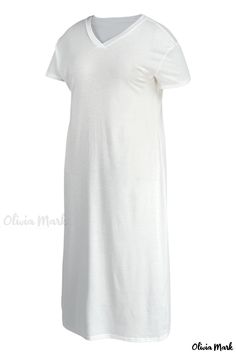 Olivia Mark - Short Sleeve V Neck Plus-Size Casual Dress featuring Solid Pocket Detail in Ivory White White V-neck Loungewear Dress, White V-neck Dress With Pockets, White Short Sleeve Loungewear Dress, Plain White Dresses For Daywear, Vestido Casual, Ivory White, Plus Size Casual, Olivia Mark, Pocket Detail