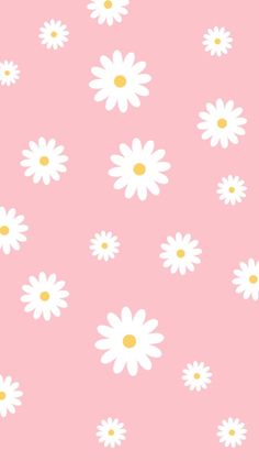 a pink background with white daisies and yellow dots on the bottom half of it