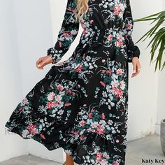 Katykey - Womens Casual Floral Print Ankle Dress with Long Sleeves, Crew Neck - Fashionable and Elegant Swamp Dress, Holiday Sundress, Mini Blazer, Casual Beach Dress, Long Sleeve Boho Dress, Women Long Dress, Casual Summer Wear, Dress 2022, Spring Dresses Women