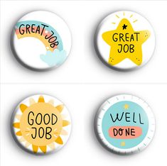 four badges that say great job, good job, well done one and great job