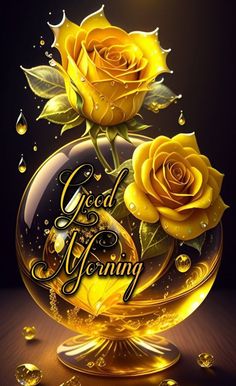 a yellow rose on top of a glass ball with water droplets around it and the words good