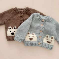 two knitted sweaters with polar bears on them, one brown and one blue