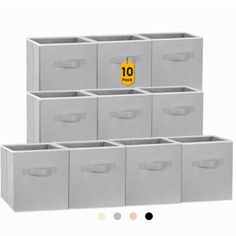 six large storage bins with handles and labels on the top one is white, the other is gray