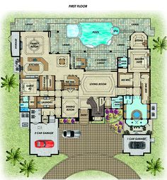 a floor plan for a house with an outdoor pool and hot tub in the middle