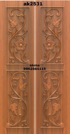 wooden doors with carvings and designs on the front, side and back paneling are shown