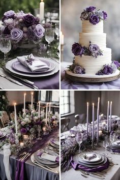 the table is set with purple flowers and white cake, silverware, candles, and napkins