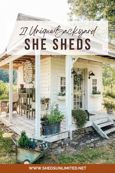 A unique cottage backyard she shed. Cottage Garden Sheds, Shed Interior, House Shed, Vintage Garden Decor, Guest Cottage, Shed Design, Rustic Garden Decor