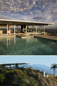 two pictures side by side one has a pool and the other has a house on top