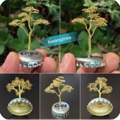 four pictures show the different stages of making an ornament with gold leafy trees