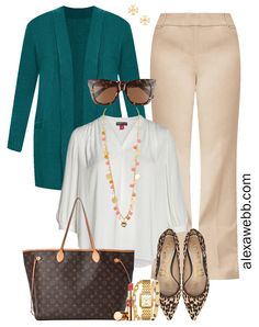 Plus Size Tan Trousers Outfits for Work - Alexa Webb Trousers Work Outfit, Tan Trousers Outfit, Office Outfits Women Plus Size, Workwear Inspiration, Work Outfits Frauen, Teal Cardigan