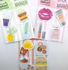 three stickers with different types of food and makeup on them, one is for sale