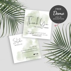 two business cards with the words thank you written on them and palm leaves in front