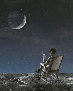 a man sitting on top of a chair in front of a moon and stars filled sky