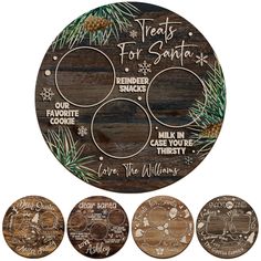 three wooden coasters with the words treats for santa written on them and pine cones