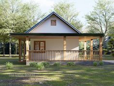 a small white house sitting on top of a lush green field next to a forest