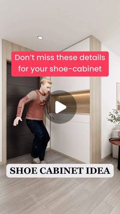 a woman is standing in the middle of a room with a shoe cabinet on it