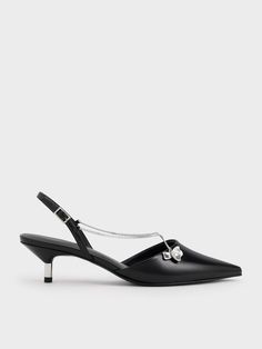 Meet your new favourite work pumps. Featuring a sleek and polished pointed-toed silhouette, the classic style is given an update with delicate flower-petal accents and chain-link details. Set on elegant kitten heels and complete with slingback straps, these shoes offer maximum wearability and comfort that will take you to the office and beyond. Work Pumps, Black Pumps Heels, Kitten Heel Pumps, Charles Keith, Flower Petal, Black Box, Delicate Flower, Black Pumps, Strap Heels