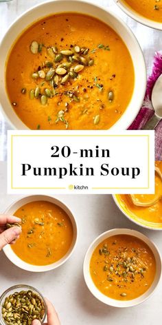 pumpkin soup in white bowls with text overlay that reads, 20 - min pumpkin soup