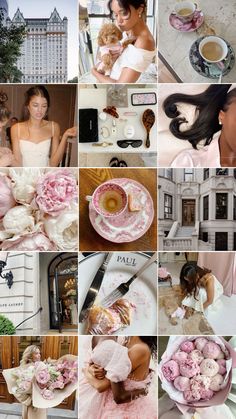 a collage of photos with pink flowers and teacups in the middle one has a woman wearing a white dress