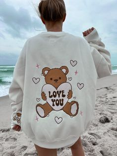 Teddy Bear Embroider Sweatshirt – Sunkissedcoconut Swim Jewelry, Luxury Paints, 140 Lbs, Bear Hoodie, Long Sleeve Outerwear, Crop Top Sweatshirt, Embroidered Crewneck, Blowout Sale, Halloween Sale