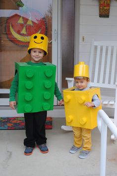 two children dressed up in lego costumes